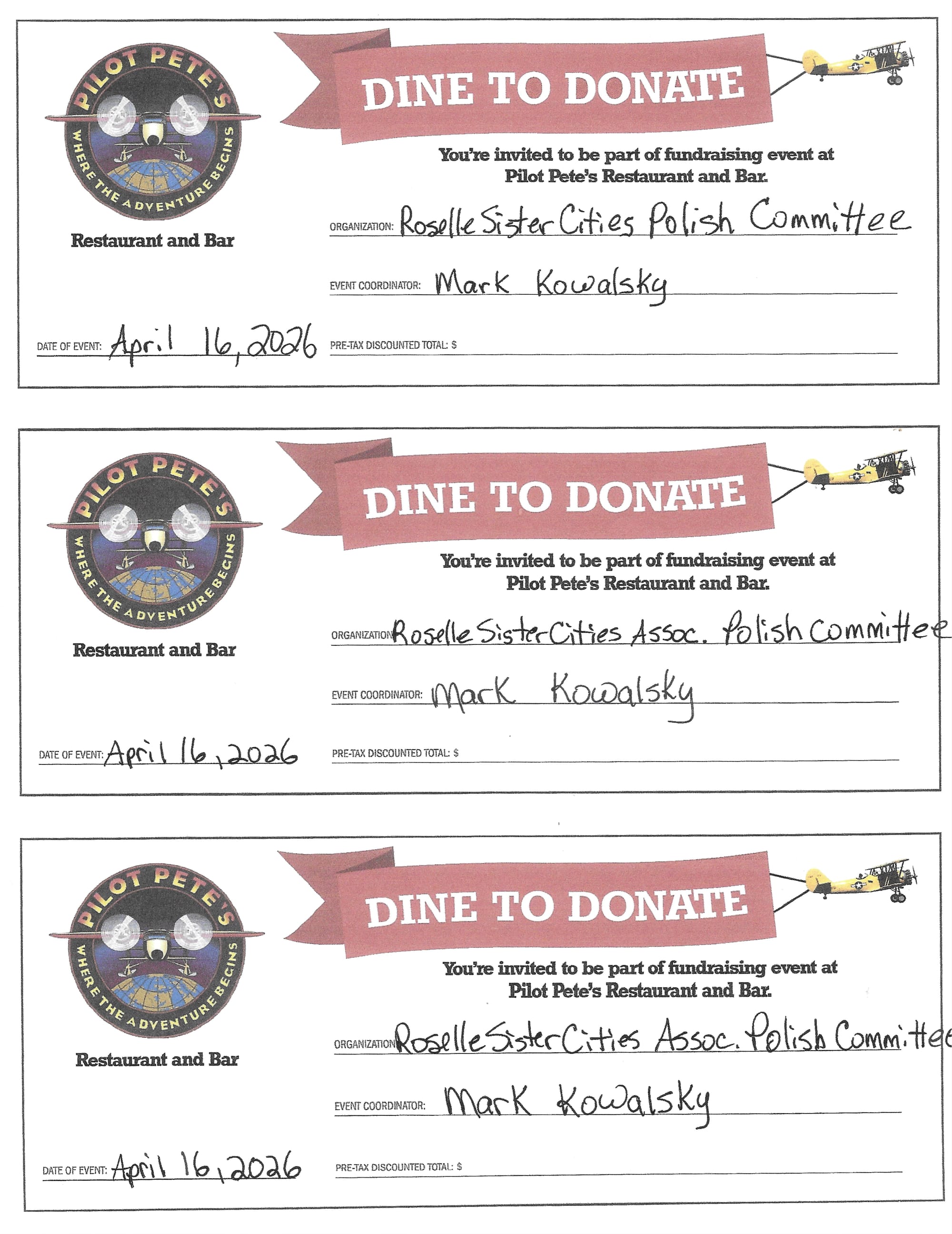 Dine to Donate - April 16th at Pilot Pete's!